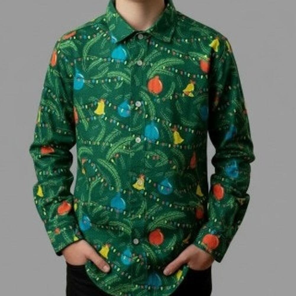 Suitmeister Green Christmas Tree Long Sleeve Button Front Shirt Boys Size XL NWT
